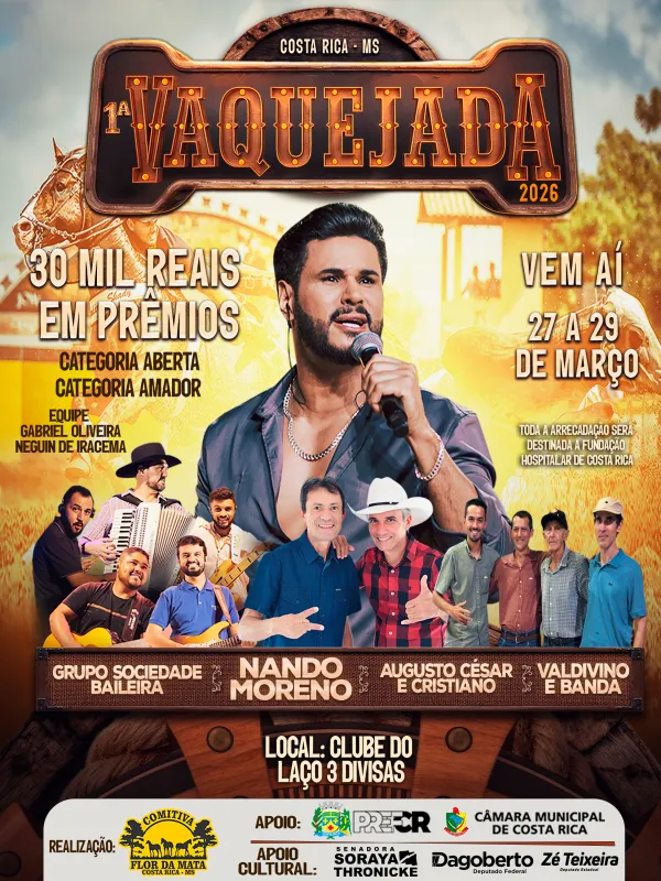 Imagem de compartilhamento para o artigo Costa Rica recebe 1ª Vaquejada de Mato Grosso do Sul com shows e premiação de R$ 30 mil da MS Todo dia